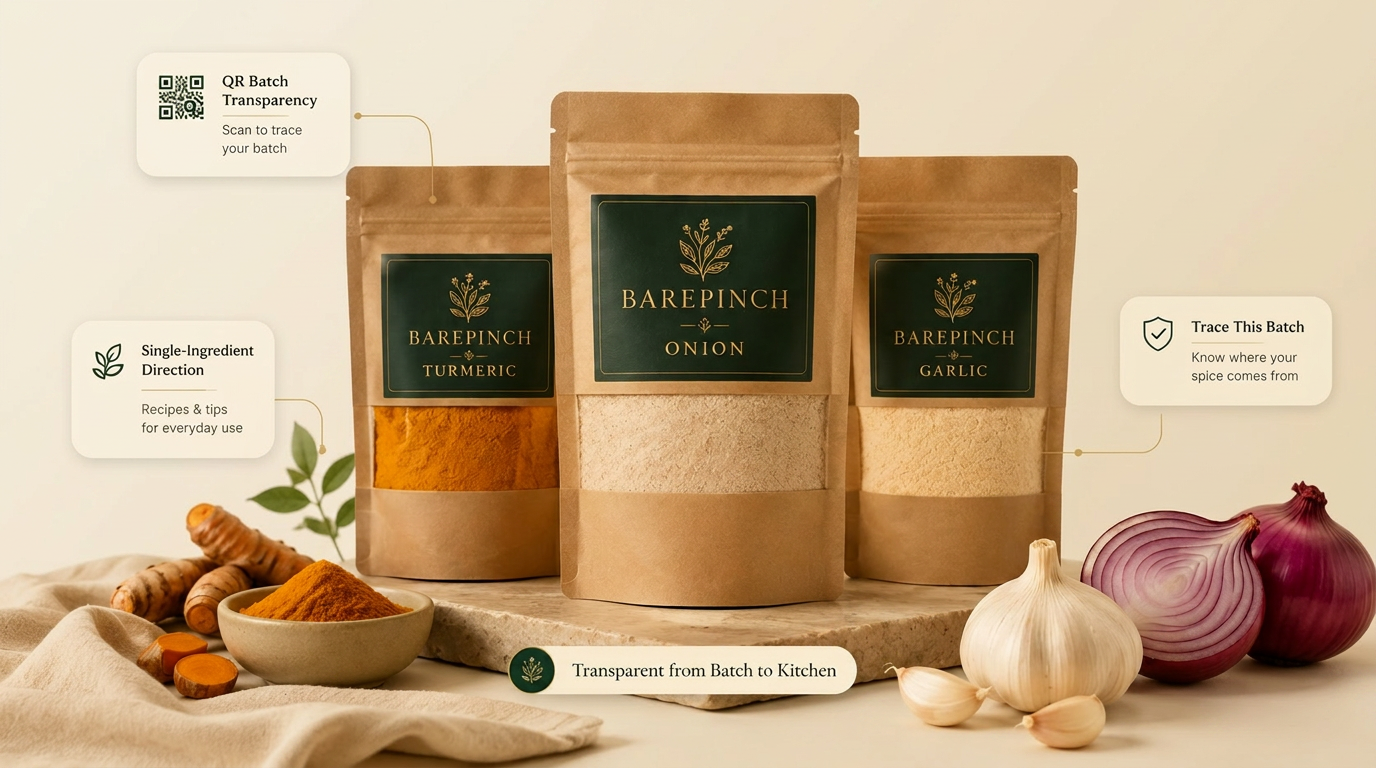 BarePinch Turmeric, Onion and Garlic powder kraft pouches with transparent windows